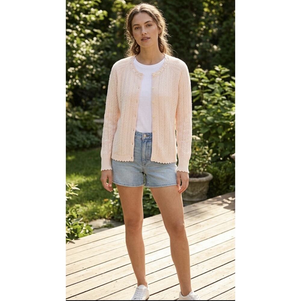 Lands’ End Cotton Pointelle Satin Trim Cardigan Soft Pink Sweater L Coquette